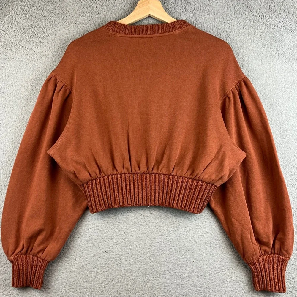 Anthropologie Womens XS Terracotta Orange Puff Sleeve Cropped Sweatshirt Cotton